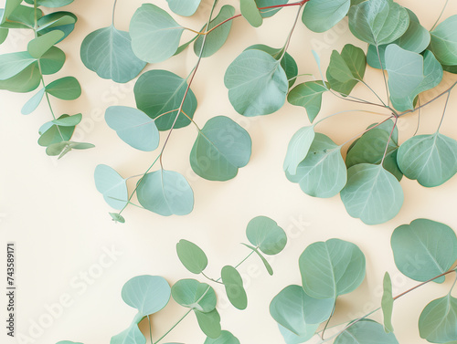 copy space on eucalyptus leaves on the light beige background, flat lay, top view