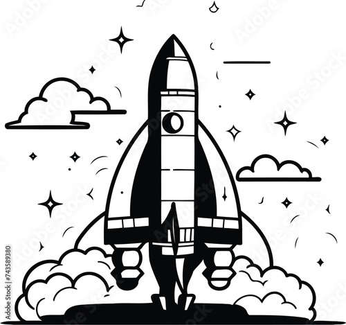 Space rocket with clouds and stars. Vector illustration in black and white.