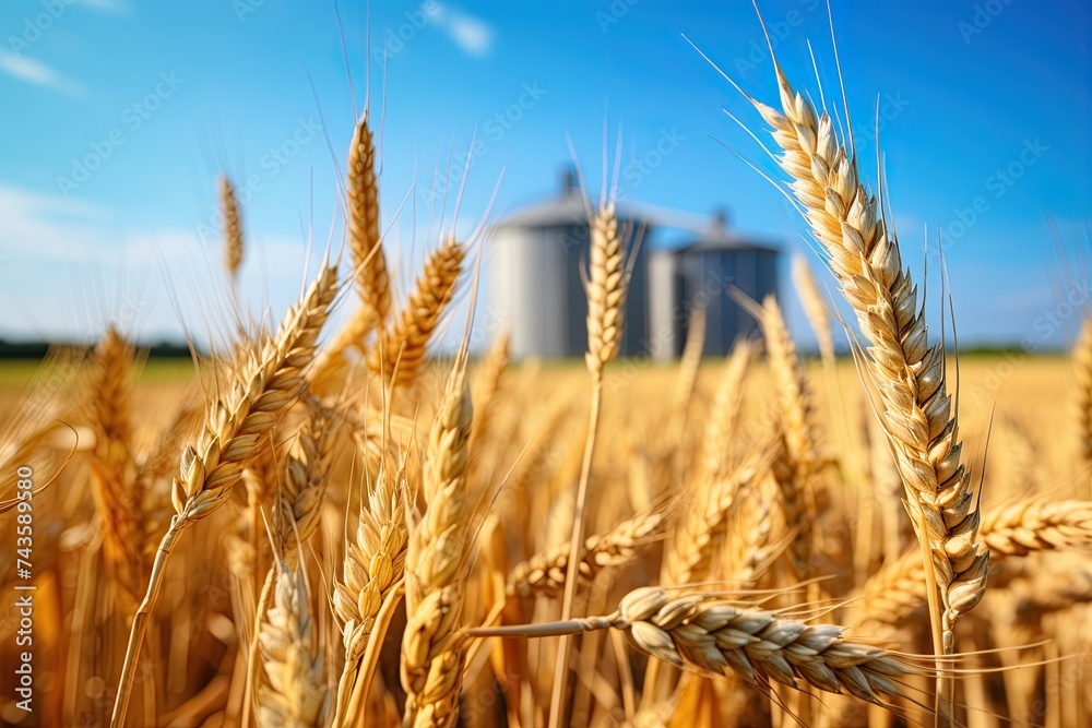 Fototapeta premium Wheat field and grain silos in background. Ai Generative