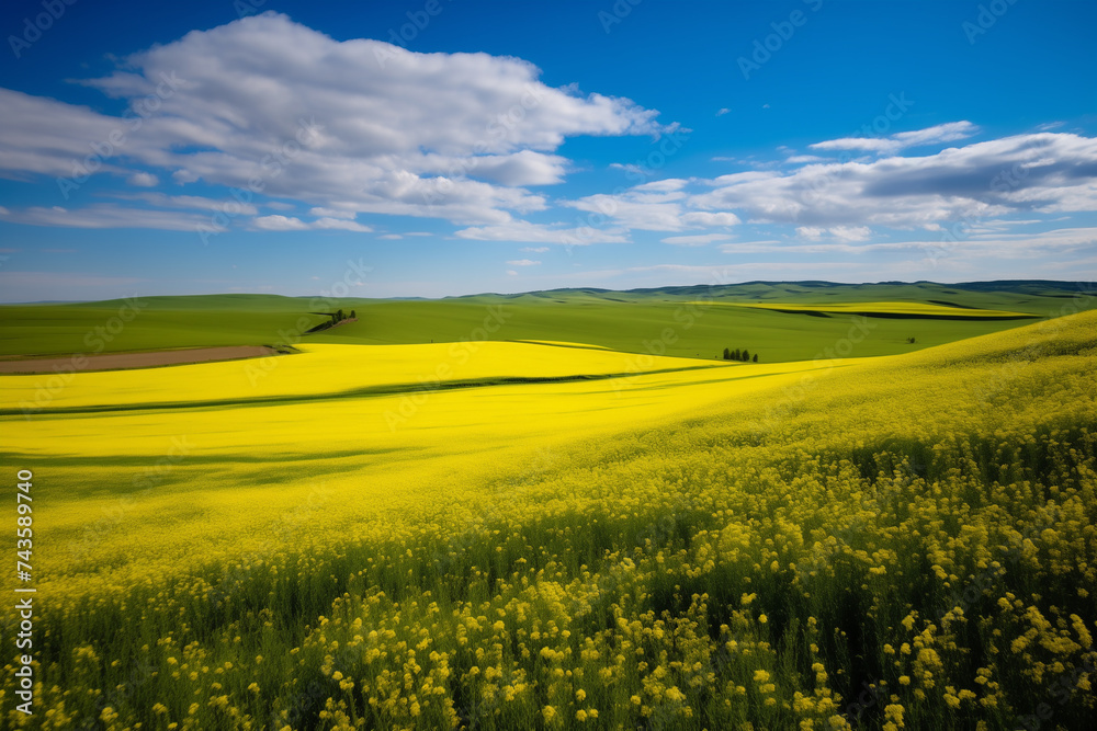 Beautiful spring landscape with yellow field and blue sky with clouds. background of the rape field, South Korea Rape Blossom Festival.