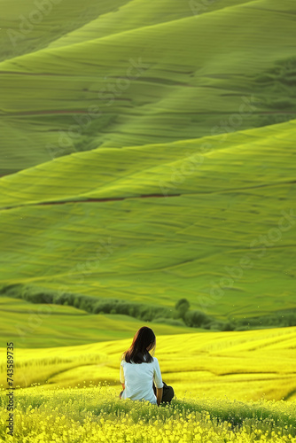 Beautiful spring landscape with yellow field and blue sky with clouds. background of the rape field, South Korea Rape Blossom Festival.