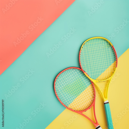 Tennis racket and ball on blue and pink background. Minimal style. MINIMAL photo, Tennis rackets, a padel background for a voucher certificate