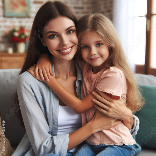 Beautiful mother and daughter are hugging and smiling while sitting on sofa at home