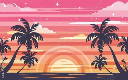 Immerse yourself in the essence of summer with our captivating background featuring a stunning sunset and swaying palm trees. Let it evoke warmth and relaxation.  photo