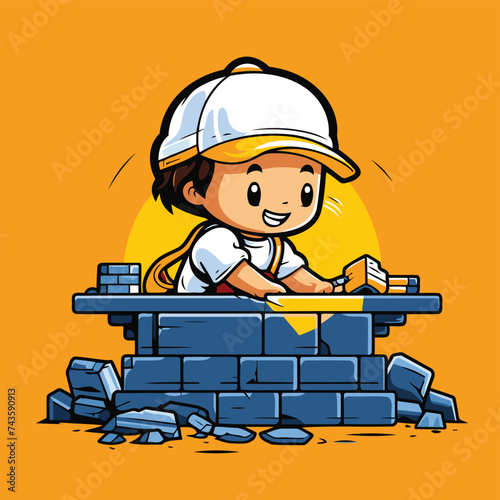 Vector illustration of a boy bricklayer worker building a brick wall.