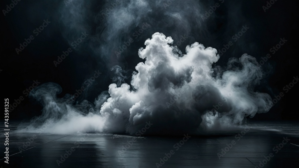 Mystical mist. Swirling smoke in dark and light symphony. Fluid fantasia. Abstract dance of fog and light on floor with black background - obrazy, fototapety, plakaty 