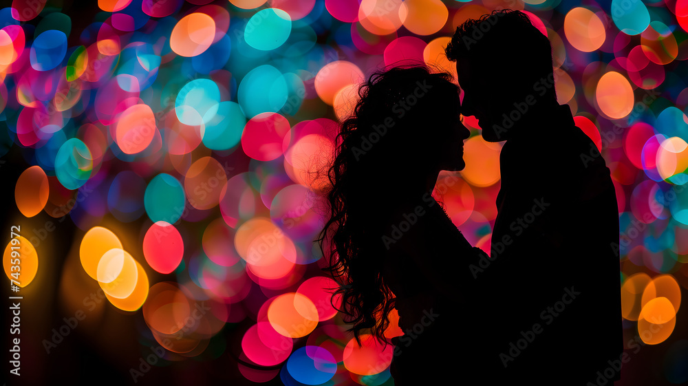 silhouette of a couple with a colorful bokeh background