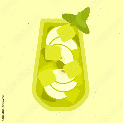 Green cocktail with apple, ice cubes and leaves. Fruit gin tonic. Alcohol drink for bar. Cold soft liquid in tall glass. High glass. Non-alcoholic beverage. Flat vector illustration with texture