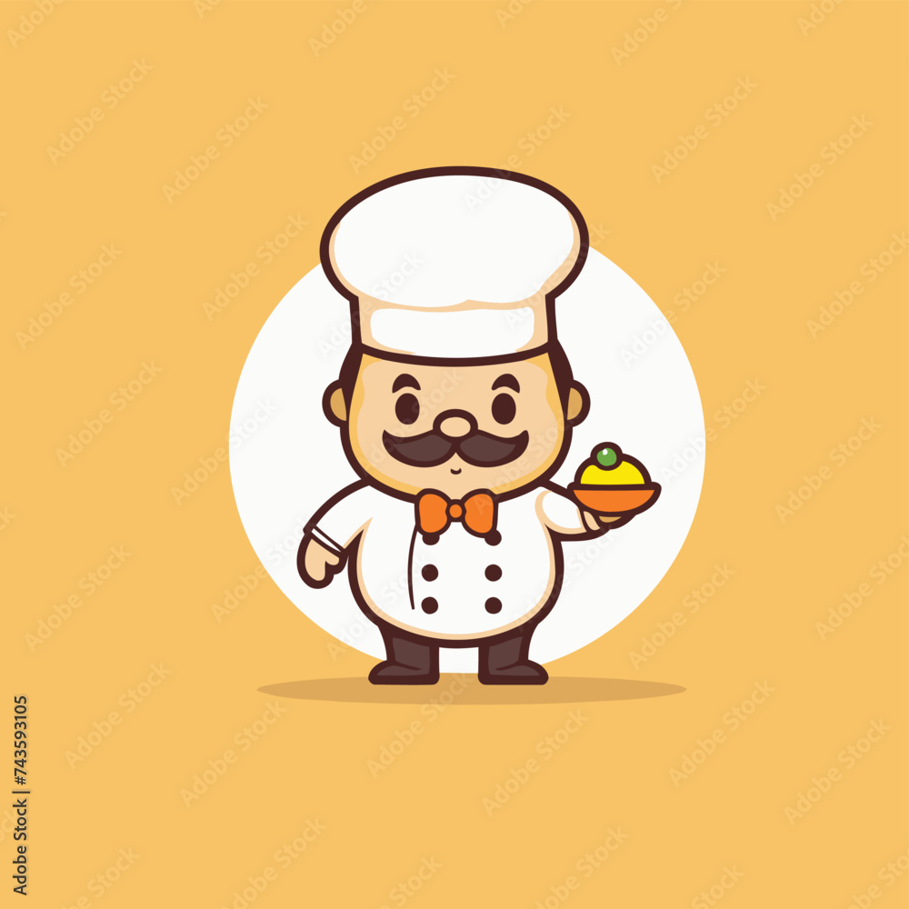 Chef with cake. Cute cartoon character. Vector illustration.