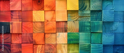 Abstract geometric rainbow colors colored 3d wooden square cubes texture wall...