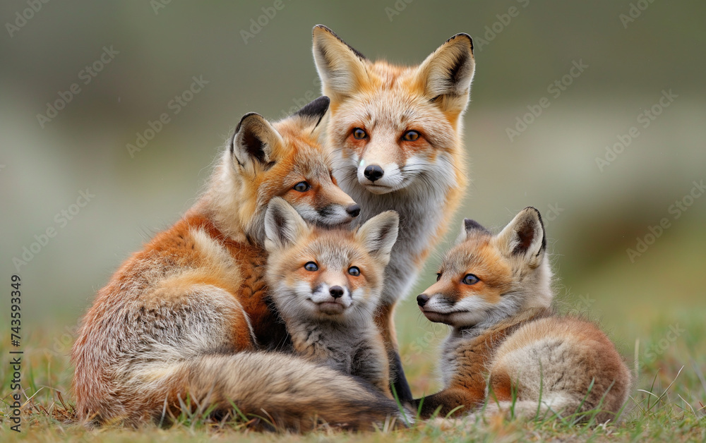 Fototapeta premium Fox family in the meadow. Generative AI