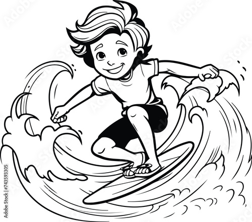 Boy surfing. Black and white vector illustration for coloring book or page.