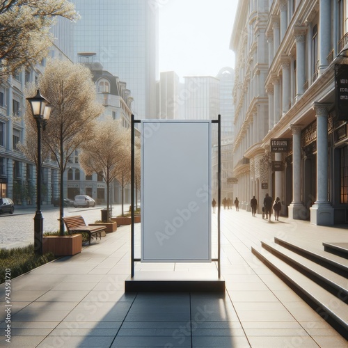 White advertising cityboard, pylon mounted on the sidewalk. You can insert your advertisement photo