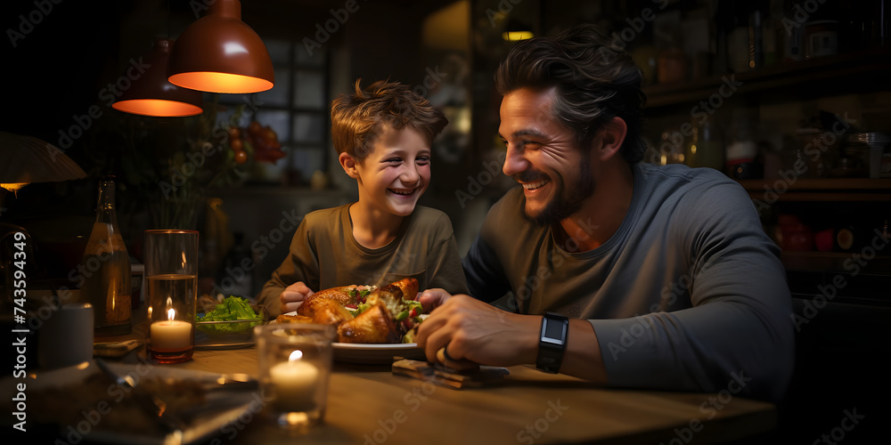 Cheerful Father and Son, Playing, Laughing and Enjoying Father-Son Moments - obrazy, fototapety, plakaty 