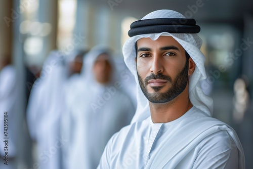 A UAE national in traditional attire observing the ideal Middle Eastern workplace.