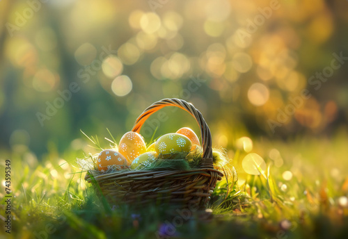 Easter Eggs in a Basket in the Grass in Spring Sunshine