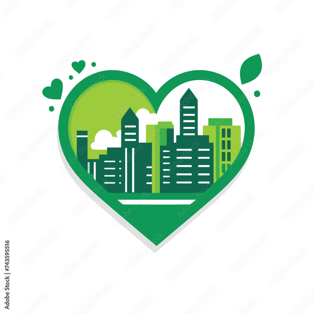 Green city in heart shape. Vector illustration. Cityscape in flat style.