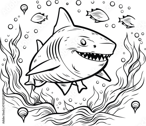 Black and white vector illustration of a shark swimming in the sea.