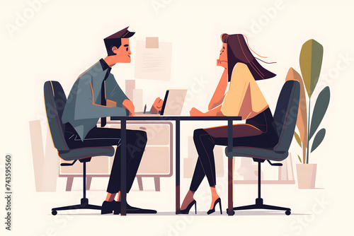 Frau und Mann in einer Besprechung, Bewerbungsgespräch, Jobinterview, Illustration, erstellt ,it generativer KI