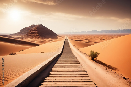 Road to discovery concept with stairs leading into unknown, desert