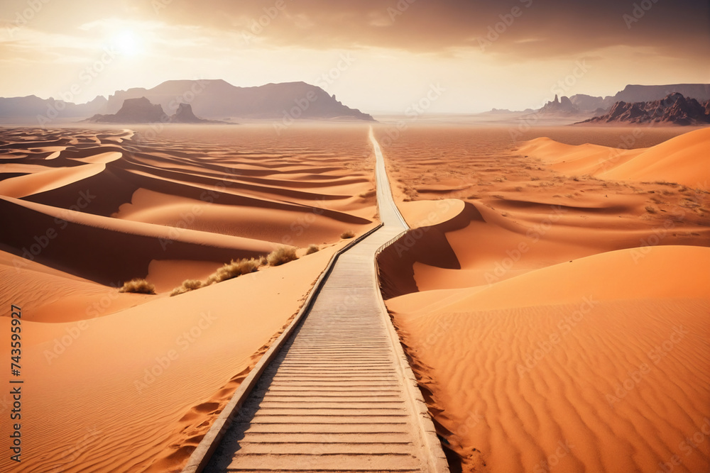 Naklejka premium Road to discovery concept with stairs leading into unknown, desert