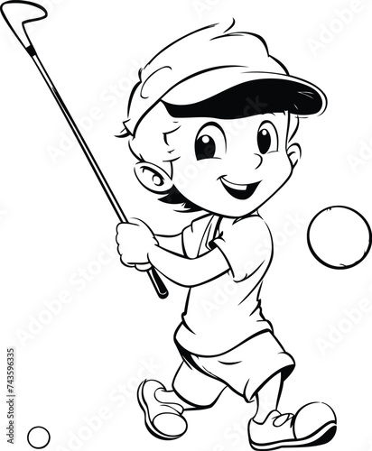 Boy playing golf - black and white vector illustration for coloring book.