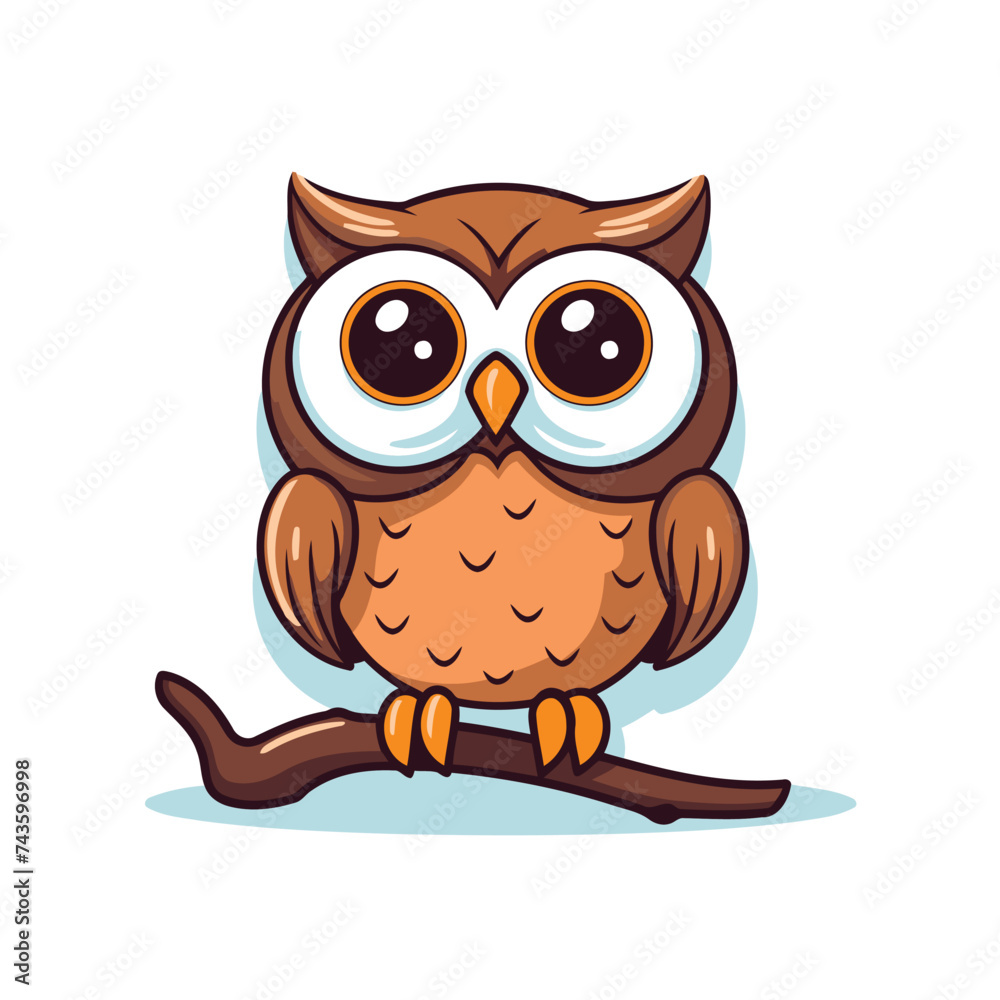 Cute cartoon owl sitting on a tree branch. Vector illustration.