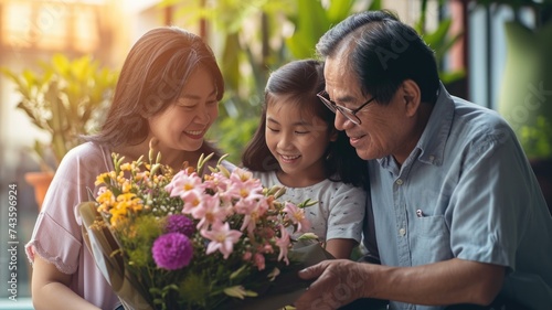 Asian daughter and dad give a bouquet of flowers to mom,Multi-Generational Family Enjoying Flowers Together