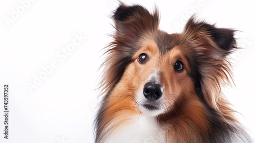 A high-quality image of a pedigree shetland canine against a blank backdrop.