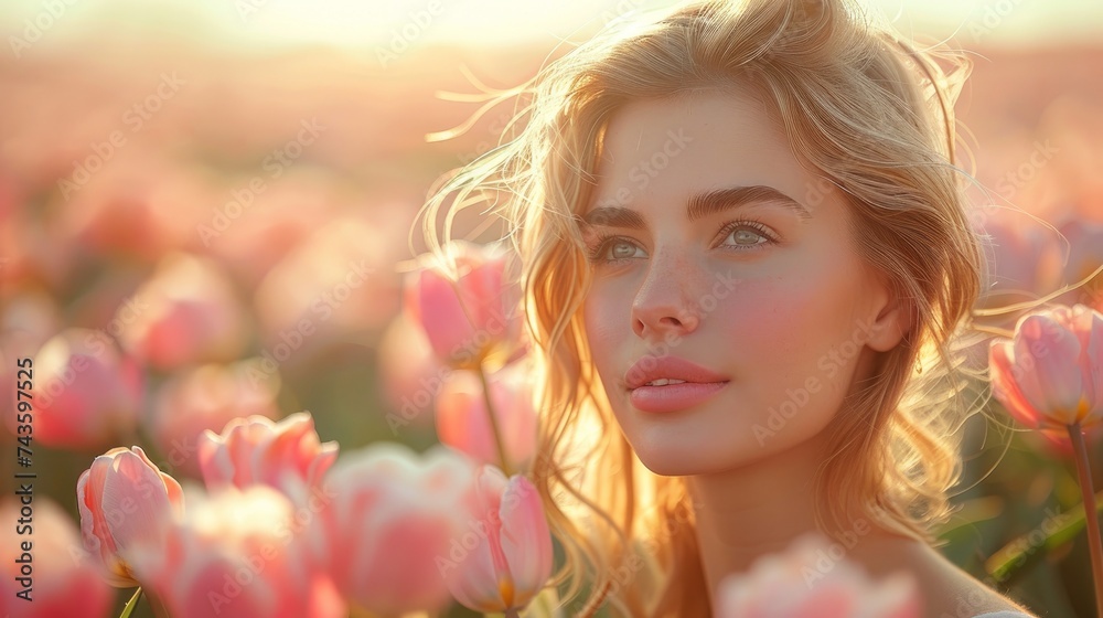 woman in the fields among the tulip fields woman in the fields among the tulip fields