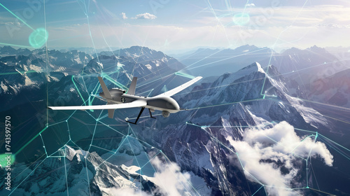 Fixed-wing drone using LiDAR technology to generate 3D GIS topographic scans and maps of alpine snowy mountain landscape. UAS scanning, flying above and over the landscape with snow and ice photo