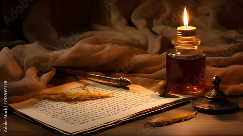 An Enlightened Journey Through the Sands of Melodic Ghazal Poetry: Antique Parchment, Quill, and Oil Lamp