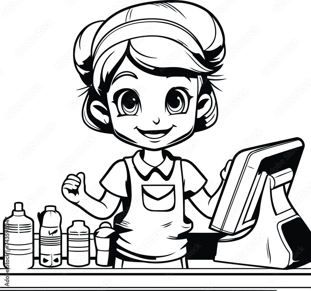 Black and White Cartoon Illustration of Cute Little Boy with Cleaning Supplies