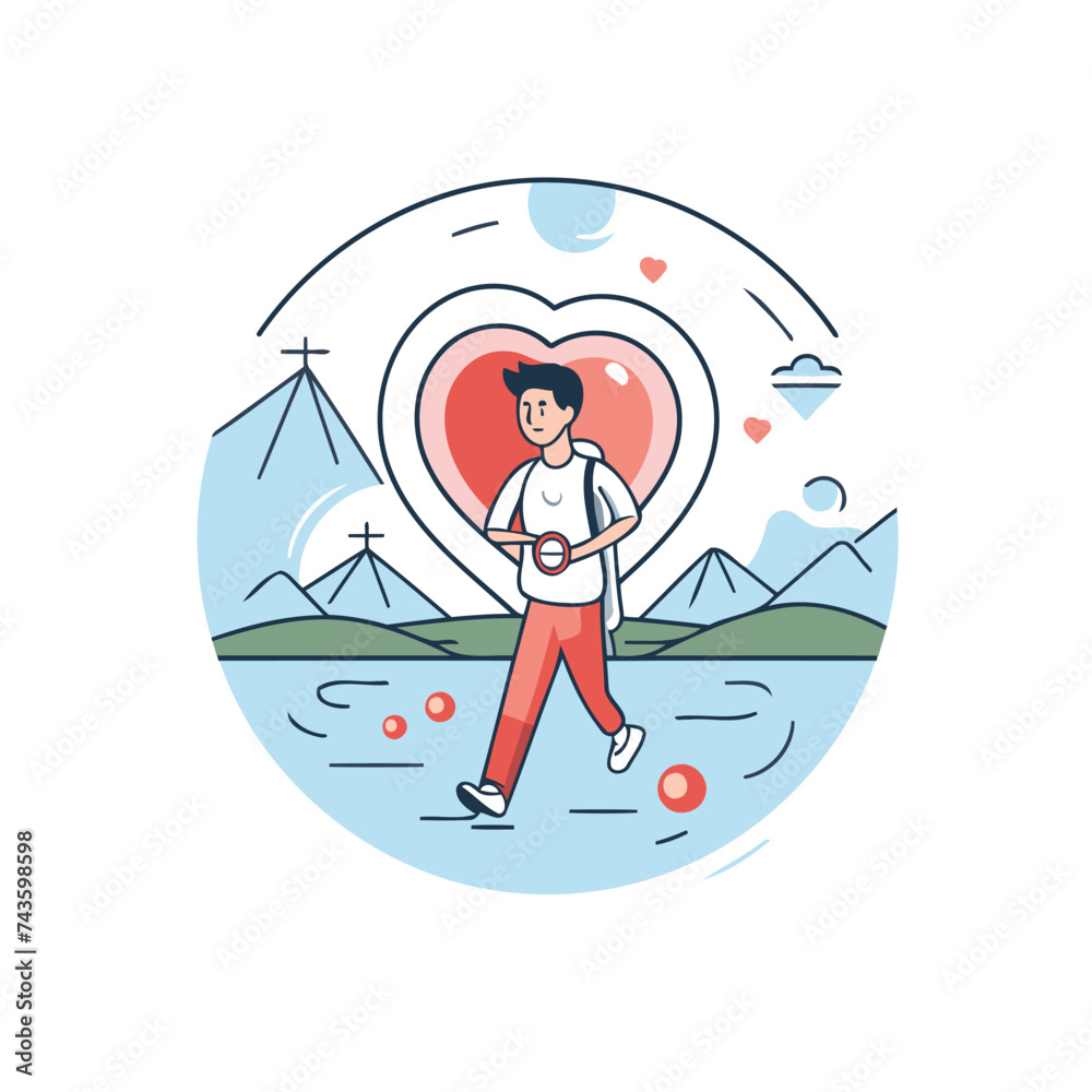 Flat design vector illustration concept of man in love walking on the lake.