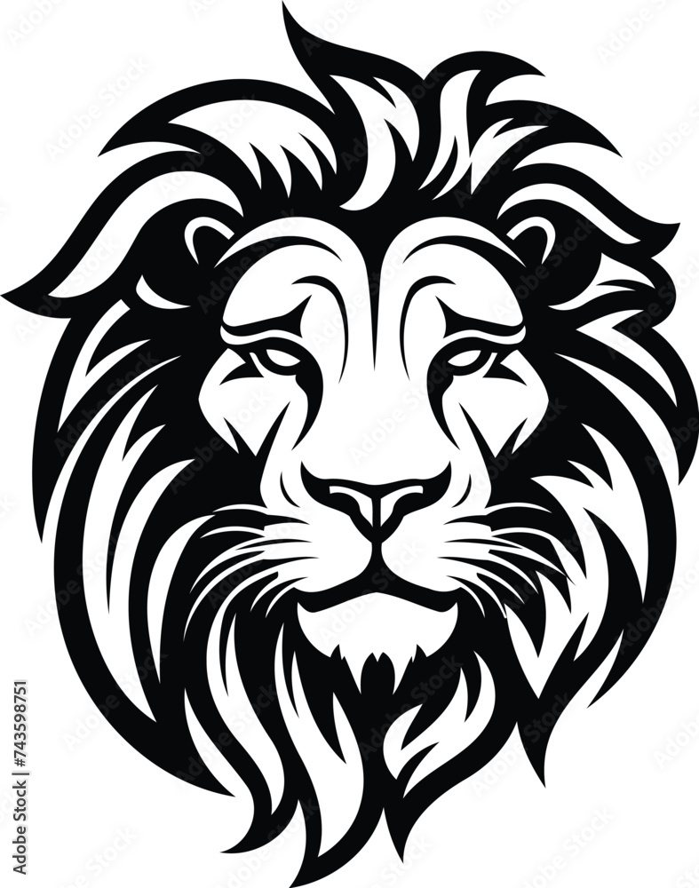 Lion head. Black and white vector illustration. Isolated on white background.