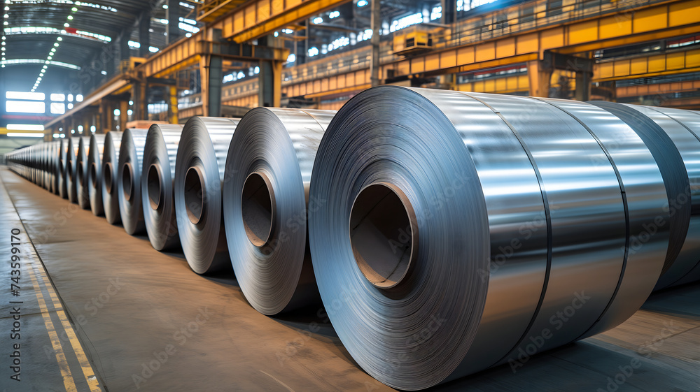 Packed rolls of steel sheet, Cold rolled steel coils in a warehouse Packed rolls of steel sheet, Cold rolled steel coils in a warehouse