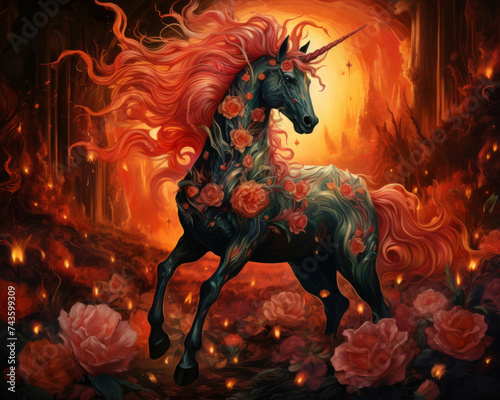 Enigmatic unicorn harnessing the flames of hell transforming them into a garden of fiery flowers