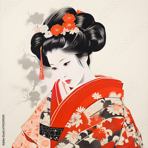 Elegance Personified: A Traditional Japanese Geisha Dressed in a Vibrant Kimono with Shamisen