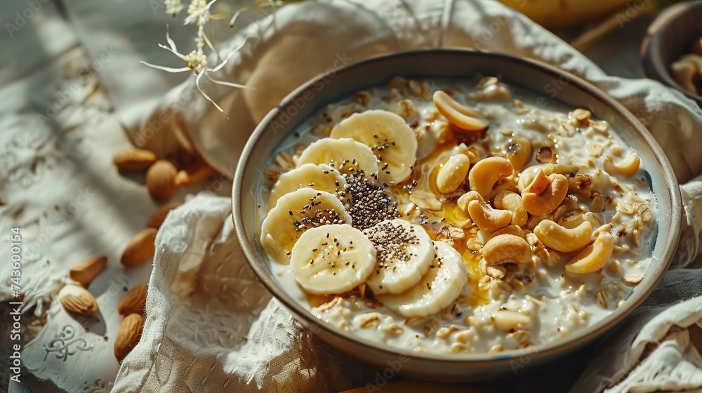 Bowl with creamy oats cooked with almond milk, garnished with banana slices Bowl with creamy oats cooked with almond milk, garnished with banana slices