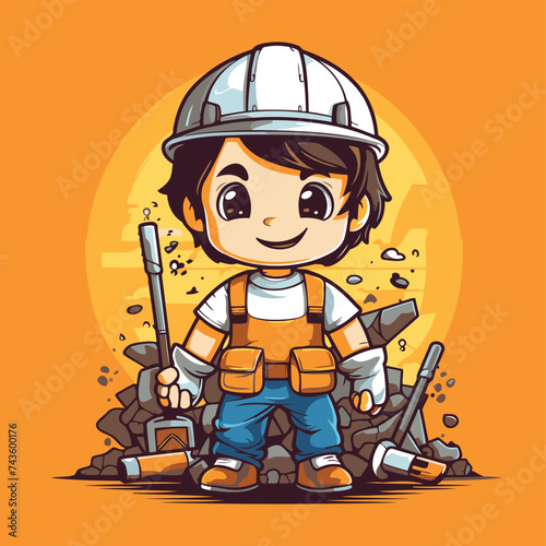 Cartoon miner boy with tools. Vector illustration isolated on orange background.