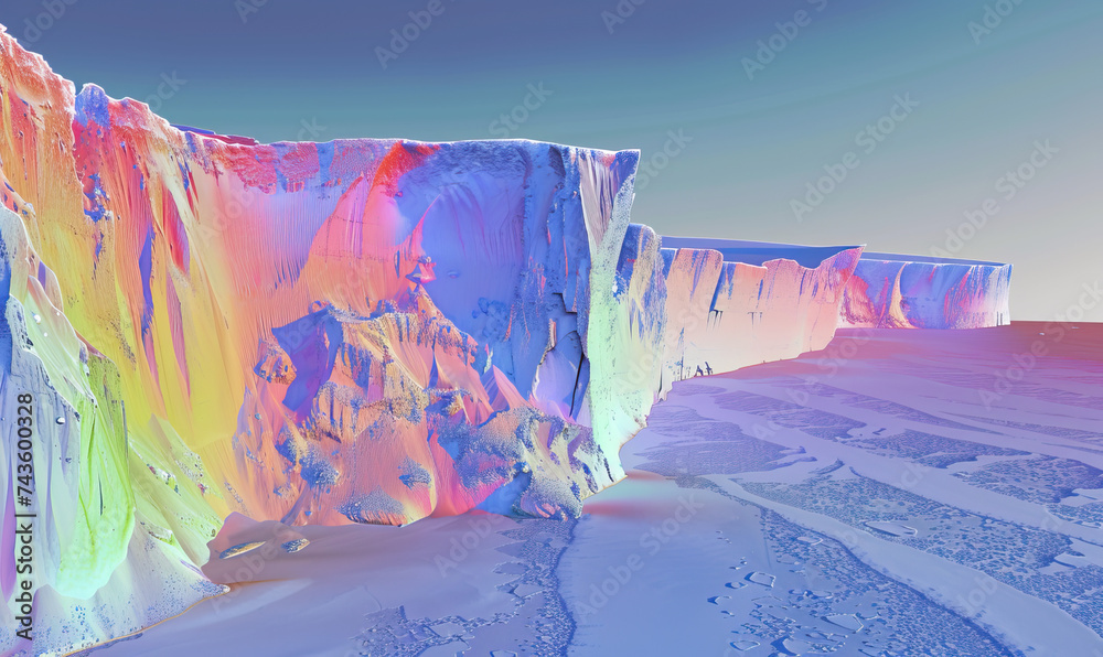 Concept illustration on global warming and climate change with thinning ozone layer causing increased melting of polar ice caps and glaciers. Iridescent pink, blue, red and orange glacier isolated