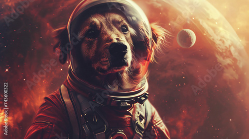 A dog in a spacesuit with a helmet.