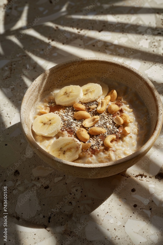 Bowl with creamy oats cooked with almond milk, garnished with banana slices Bowl with creamy oats cooked with almond milk, garnished with banana slices