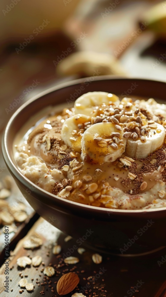 Bowl with creamy oats cooked with almond milk, garnished with banana slices Bowl with creamy oats cooked with almond milk, garnished with banana slices