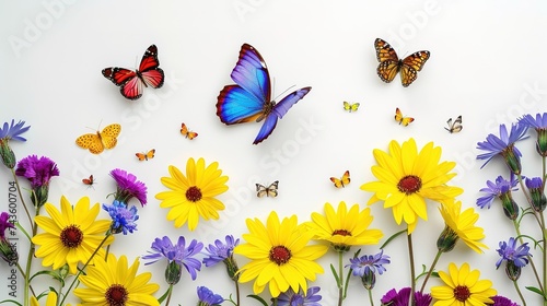 Beautiful yellow flower of Daisy (Aster) and colorful butterflies isolated on a white background, generative ai, generaive, ai