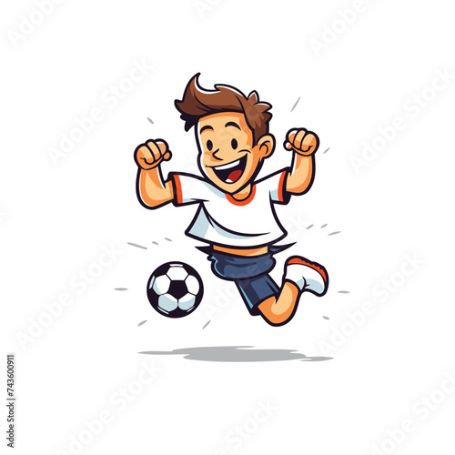 Cartoon soccer player jumping and kicking the ball. Vector illustration.