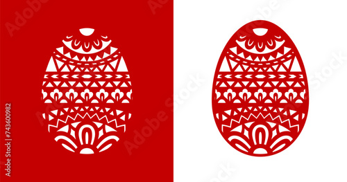 Design of two greeting cards with red and white silhouettes of decorative Easter eggs in a flat style. Vector illustration © Raman Maisei