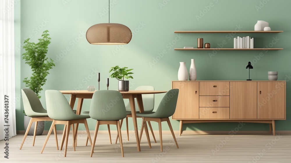 A tasteful depiction of a dining room featuring mint-colored chairs surrounding a round wooden dining table. A tasteful depiction of a dining room featuring mint-colored chairs surrounding a round wooden dining table.