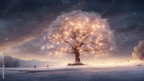 A captivating view of a glowing tree outdoors, illuminated by the soft glow of twinkling lights