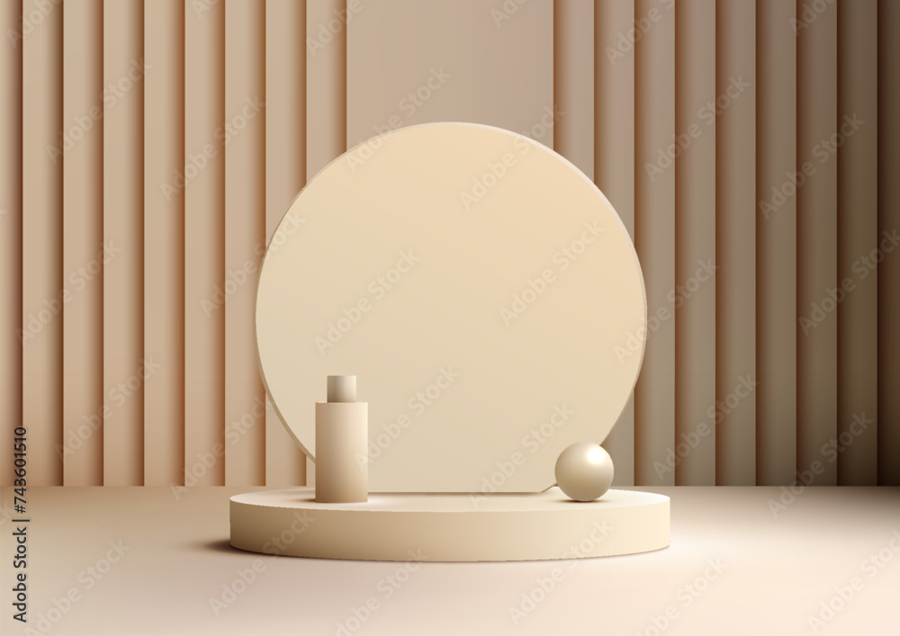 3D White podium with circle backdrop decoration cream bottle and ball on a beige background 3D White podium with circle backdrop decoration cream bottle and ball on a beige background